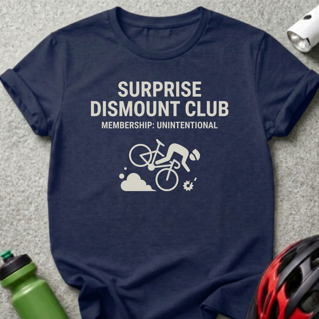 Navy t-shirt with "Surprise Dismount Club" and a bicyclist graphic.