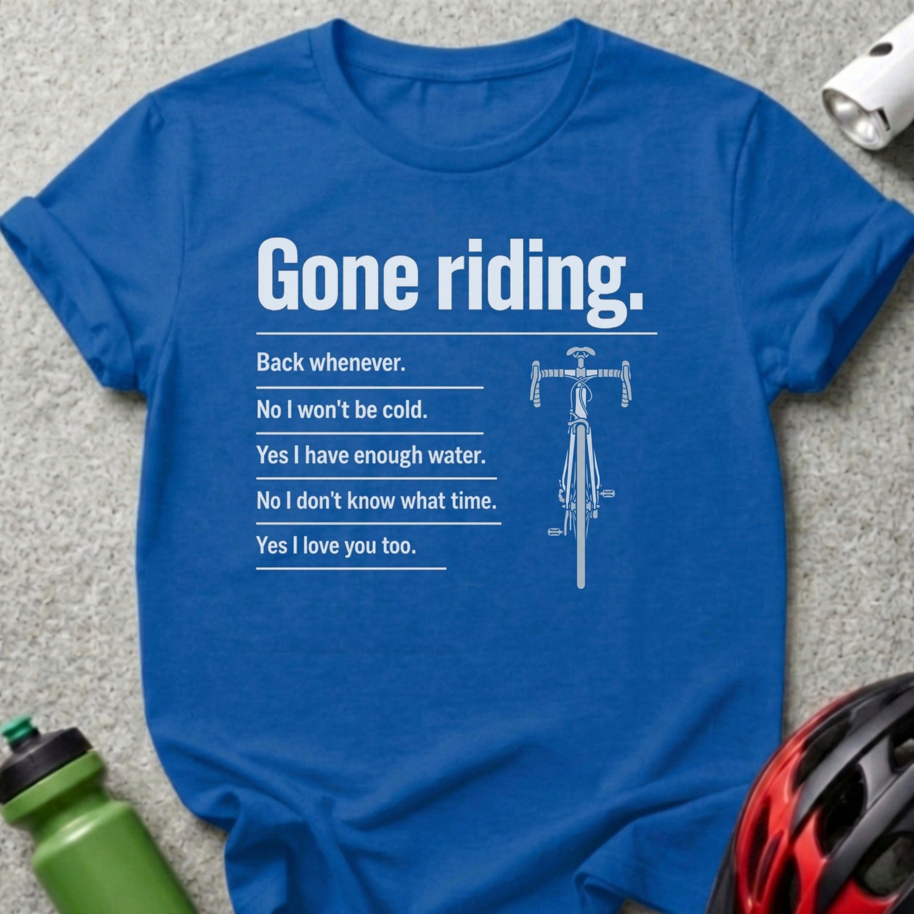 Blue t-shirt with "Gone riding" and cycling humor text.