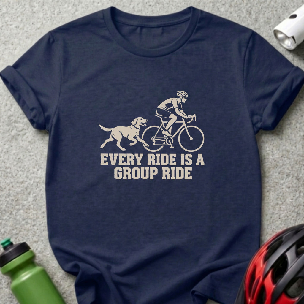 Dark blue t-shirt featuring a cream graphic of a cyclist and dog with text saying EVERY RIDE IS A GROUP RIDE.