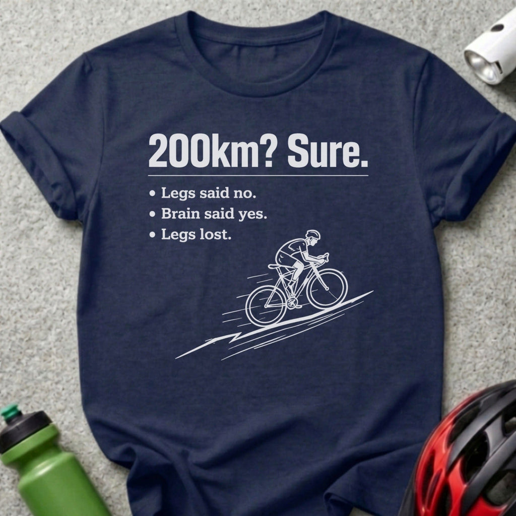 Navy t-shirt with cyclist graphic and text: "200km? Sure. Legs said no. Brain said yes. Legs lost."