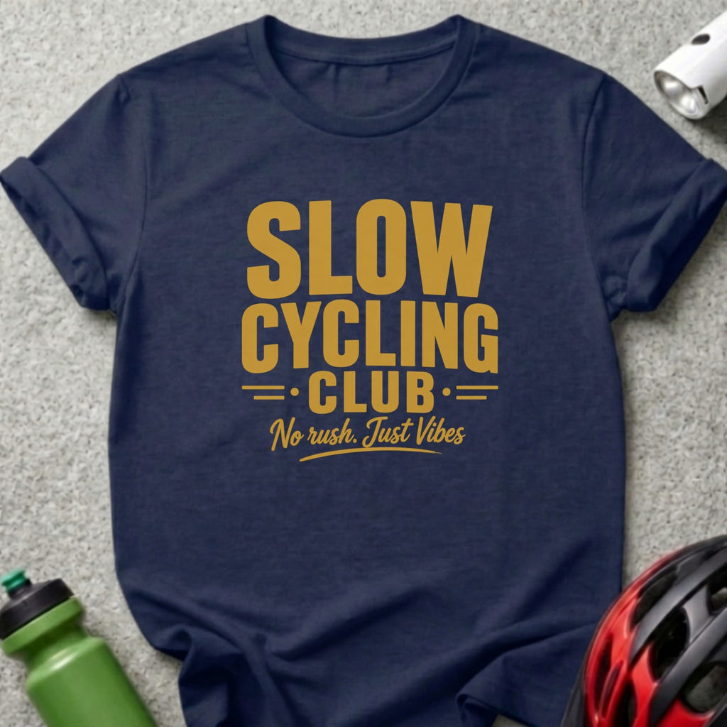 Navy t-shirt with gold text "SLOW CYCLING CLUB. No rush. Just Vibes."