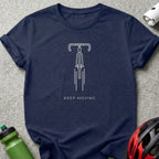 Navy t-shirt with minimalist bicycle handlebar and "KEEP MOVING" text.