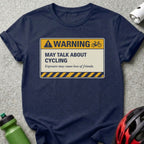 Navy t-shirt with yellow and black warning sign about cycling.