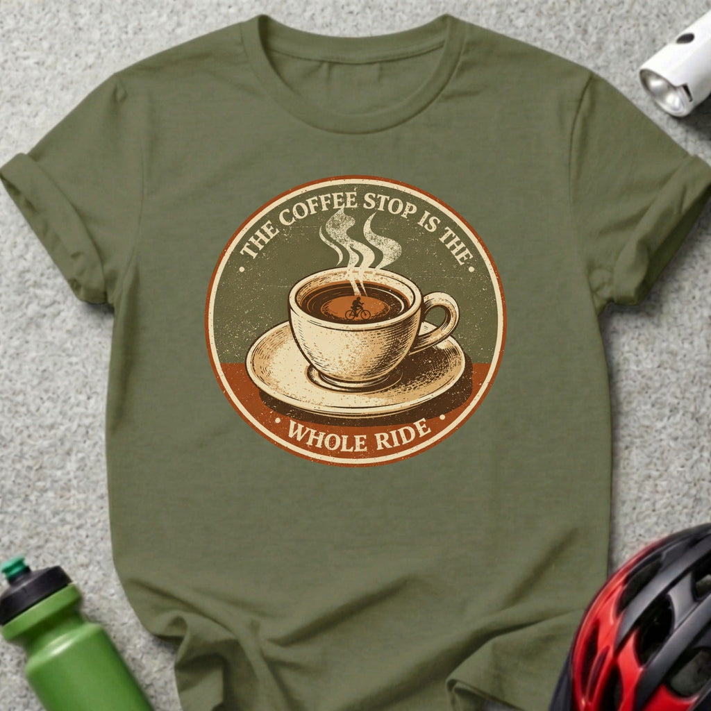 Olive green t-shirt with circular graphic: "The coffee stop is the whole ride".