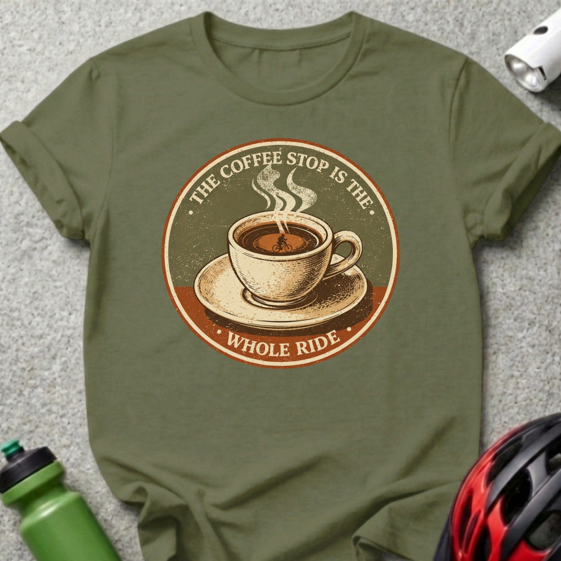 Olive green t-shirt with circular graphic: "The coffee stop is the whole ride".