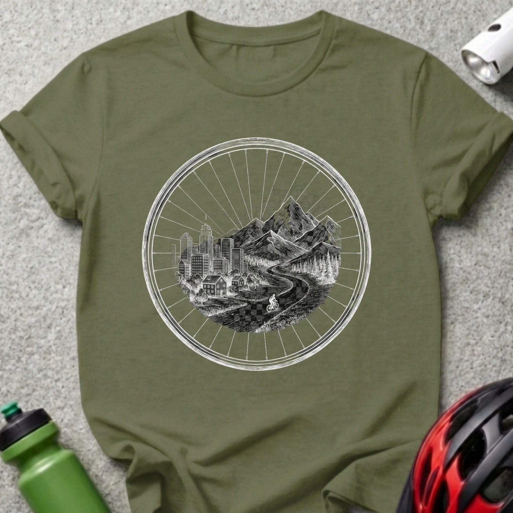 City to Mountain Path Design Bicycle Print T-Shirt