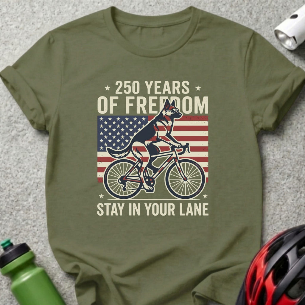 German Shepherd on bicycle with American flag and "250 Years of Freedom" text.