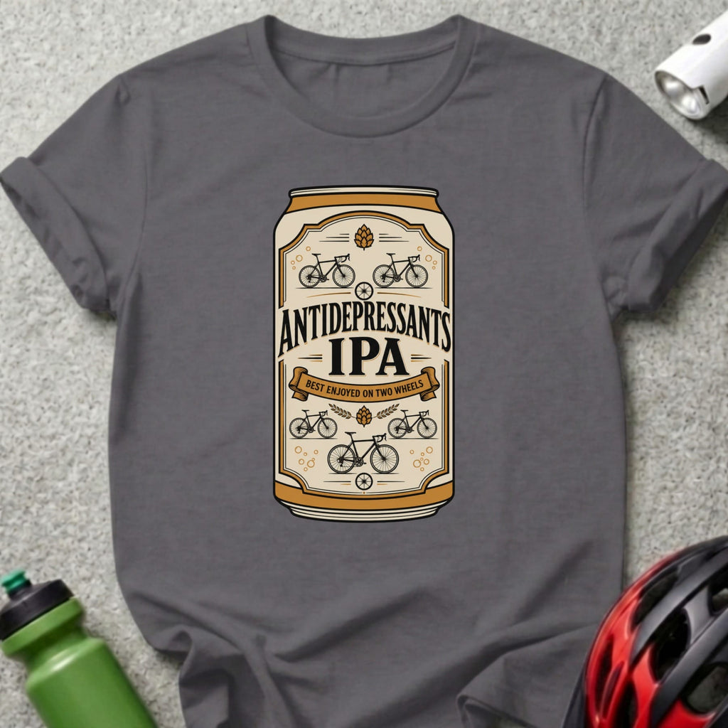 T-shirt graphic of an IPA beer can labeled "Antidepressants IPA".