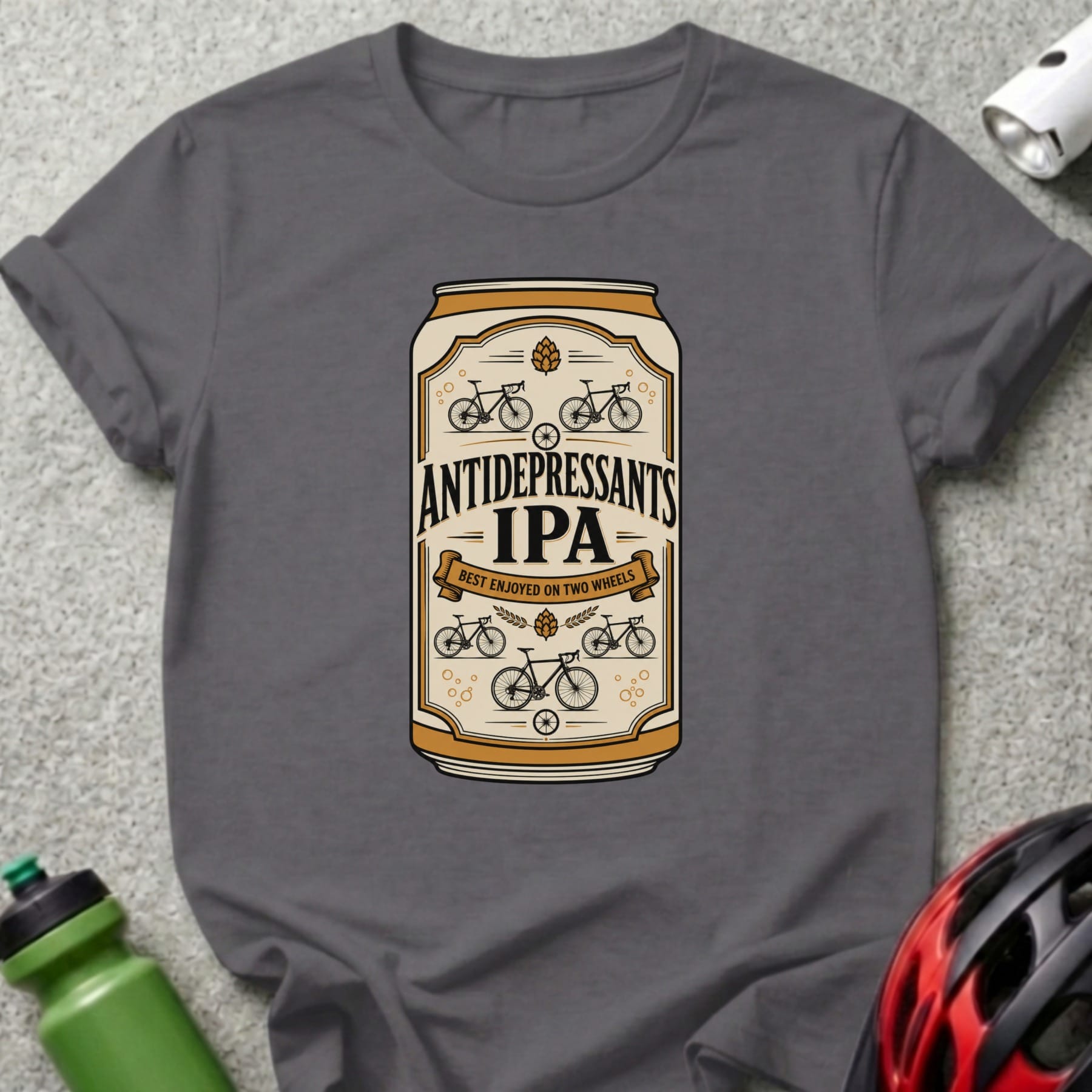 T-shirt graphic of an IPA beer can labeled "Antidepressants IPA".