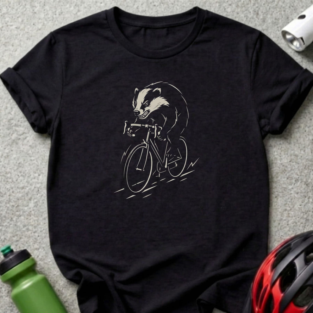 Black t-shirt featuring a badger riding a bicycle in a line drawing style.