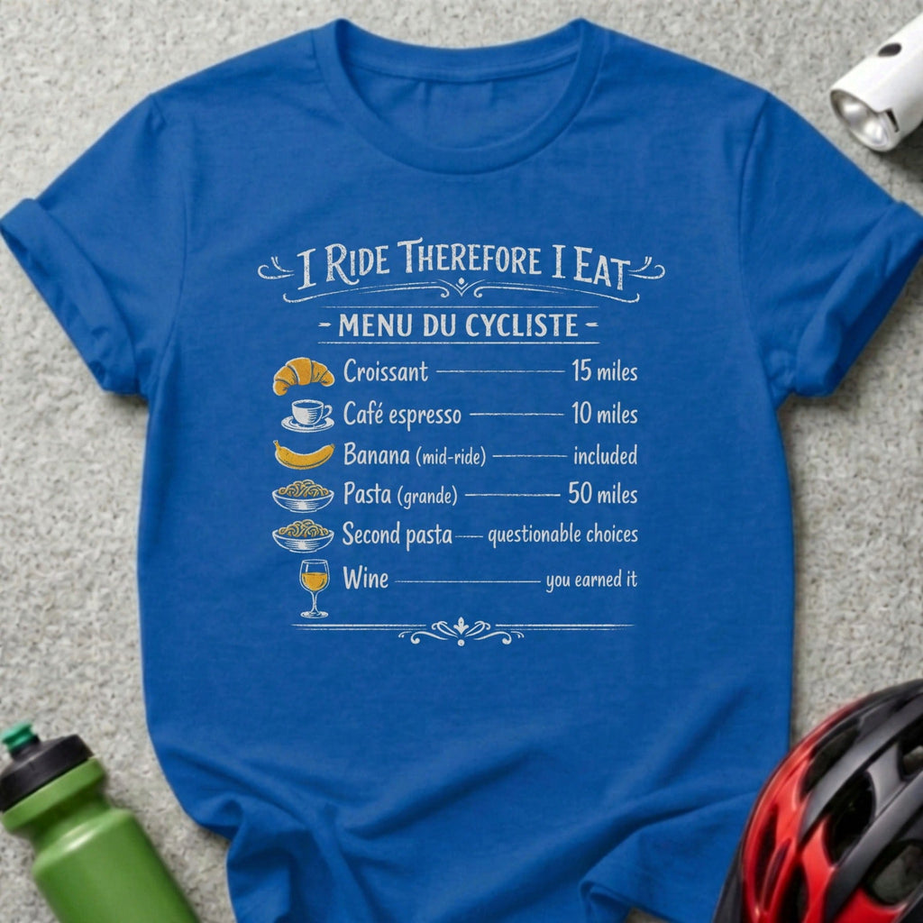 Blue t-shirt with "I Ride Therefore I Eat" menu list and cycling graphics.