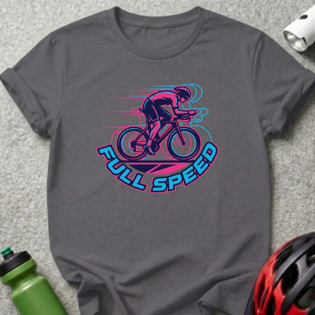 Cyclist in motion with "FULL SPEED" text on a dark grey t-shirt.