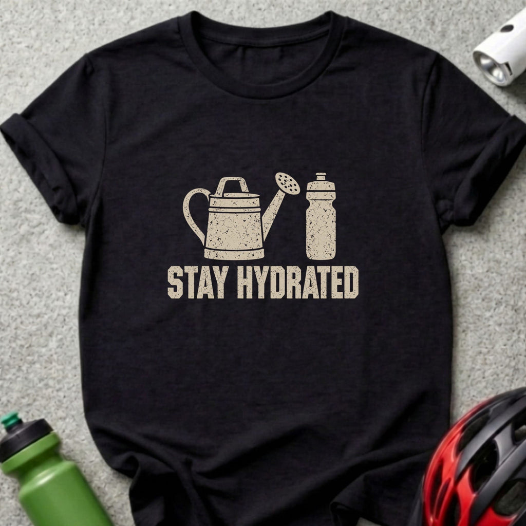 Black t-shirt featuring a graphic of a watering can and water bottle with the text Stay Hydrated.