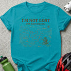 Teal t-shirt with "I'm not lost I'm exploring" text and bicyclist exploring a map.