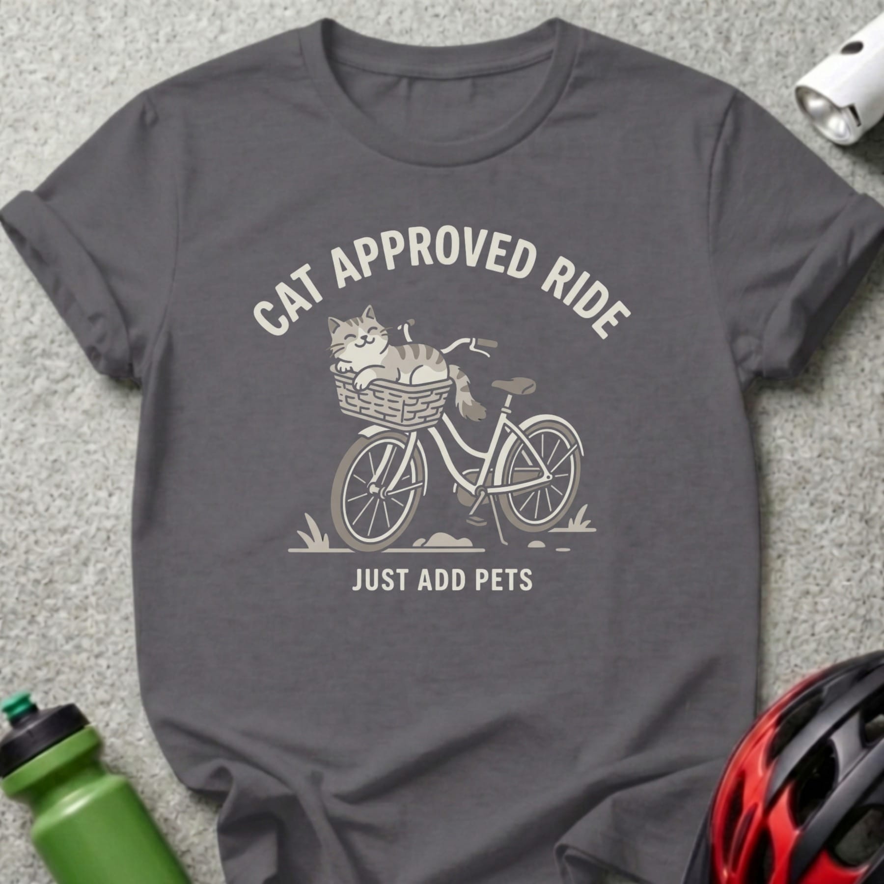 Gray t-shirt with "Cat Approved Ride, Just Add Pets" and a cat in a bicycle basket.