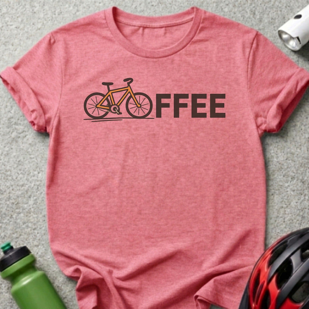 Pink t-shirt with a bicycle graphic and the word "OFFEE".