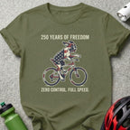 Olive green t-shirt with "250 Years of Freedom" and a dog on a bicycle.