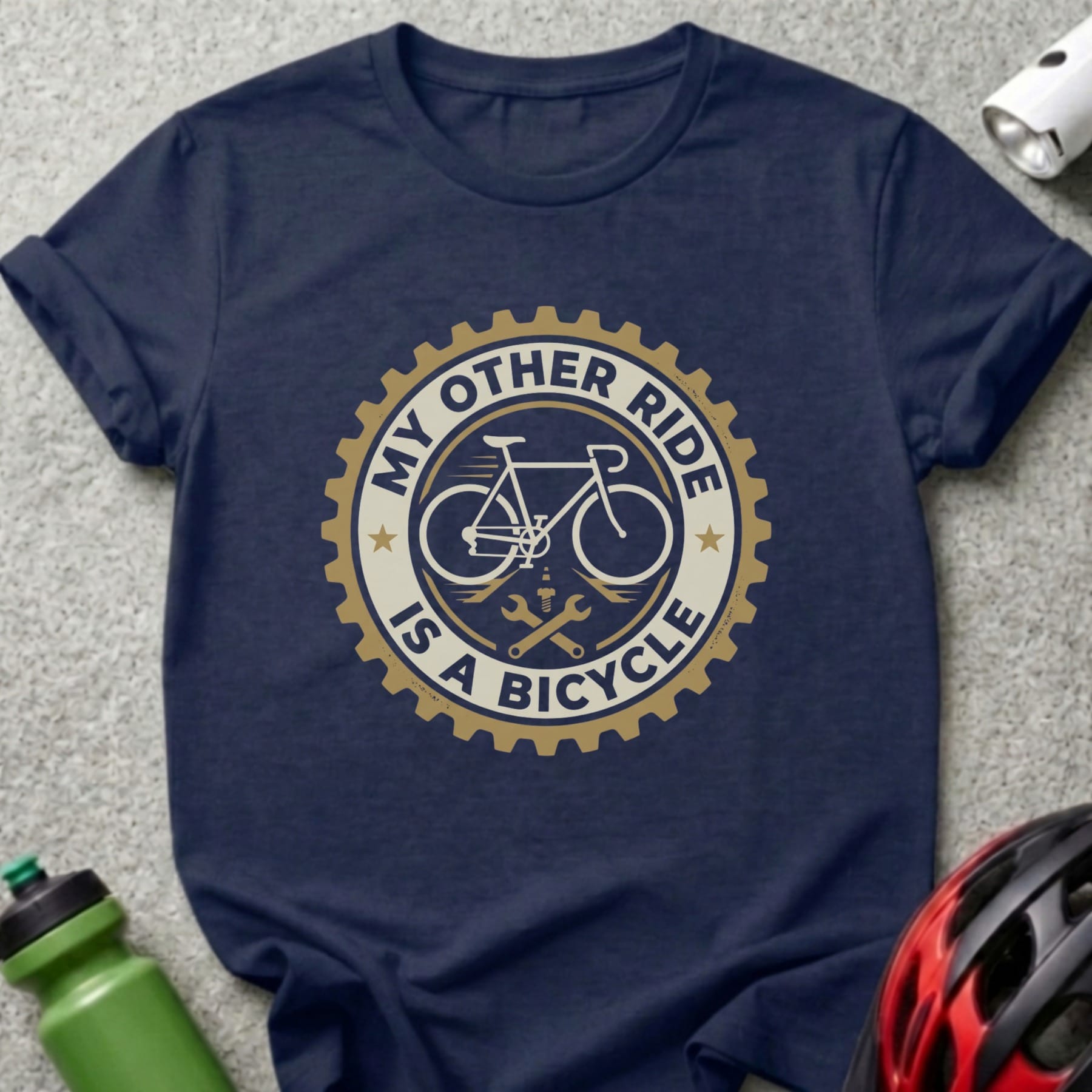 Navy t-shirt with "MY OTHER RIDE IS A BICYCLE" text and bicycle graphic.