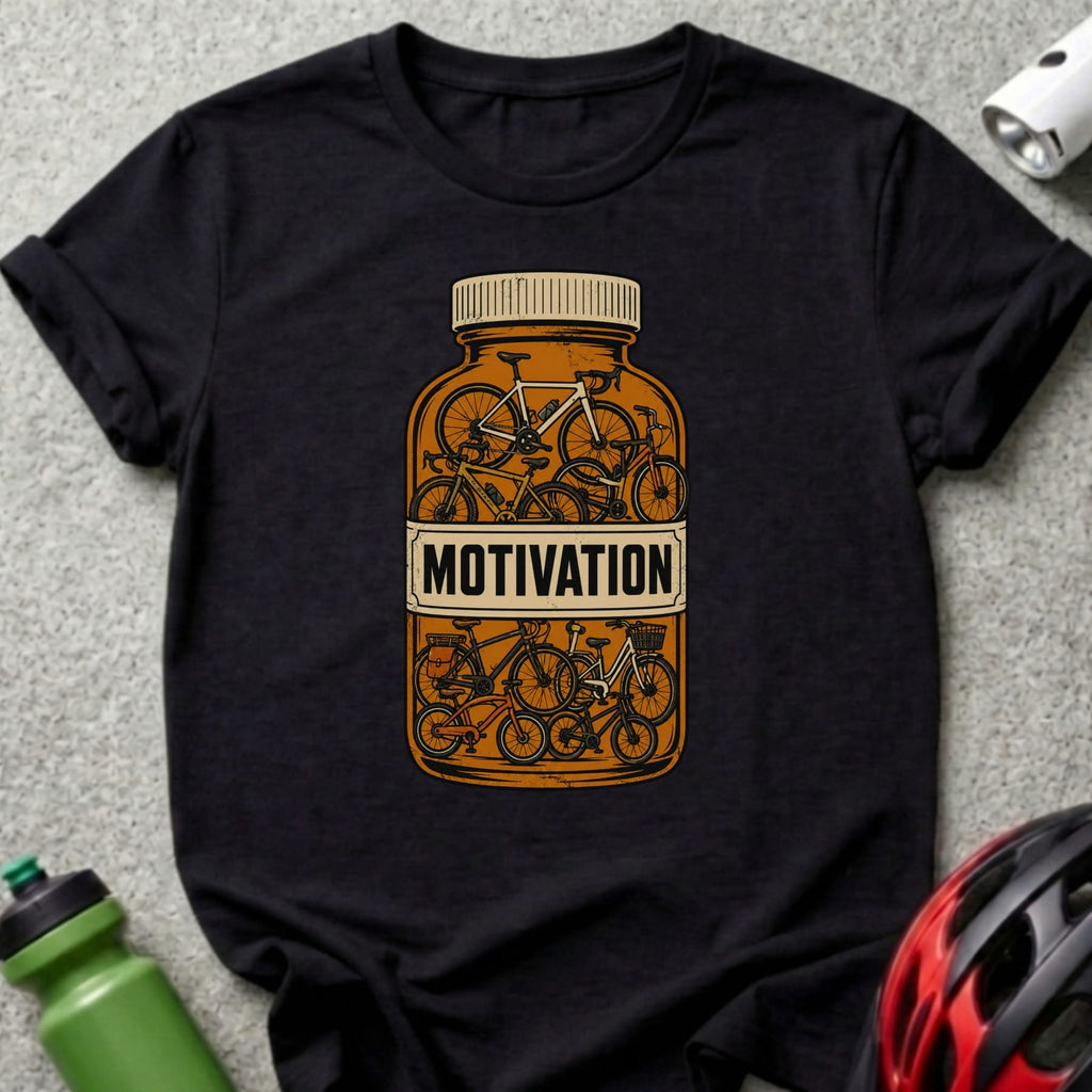 Black t-shirt with a pill bottle illustration labeled "MOTIVATION" filled with bicycles.