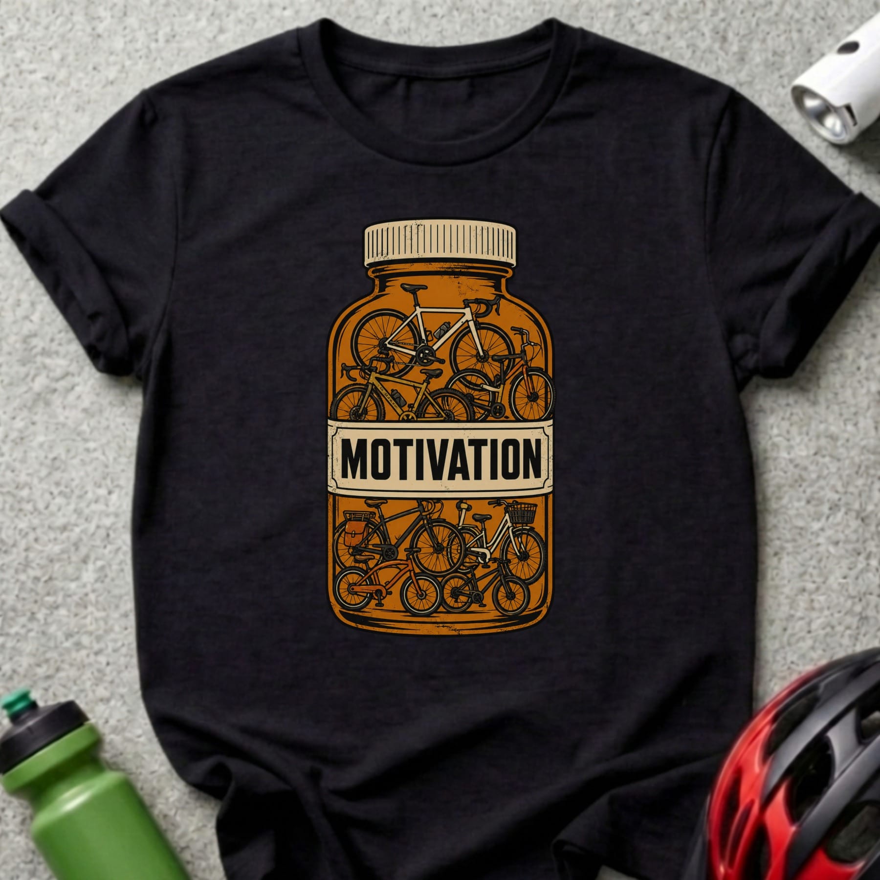 Black t-shirt with a pill bottle illustration labeled "MOTIVATION" filled with bicycles.