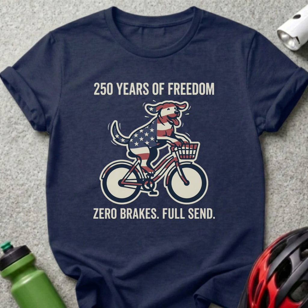 Navy t-shirt with dog on bicycle, USA flag design, and text.