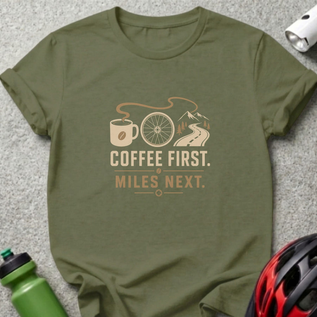 Olive t-shirt with "COFFEE FIRST. MILES NEXT." text and cyclist graphic.