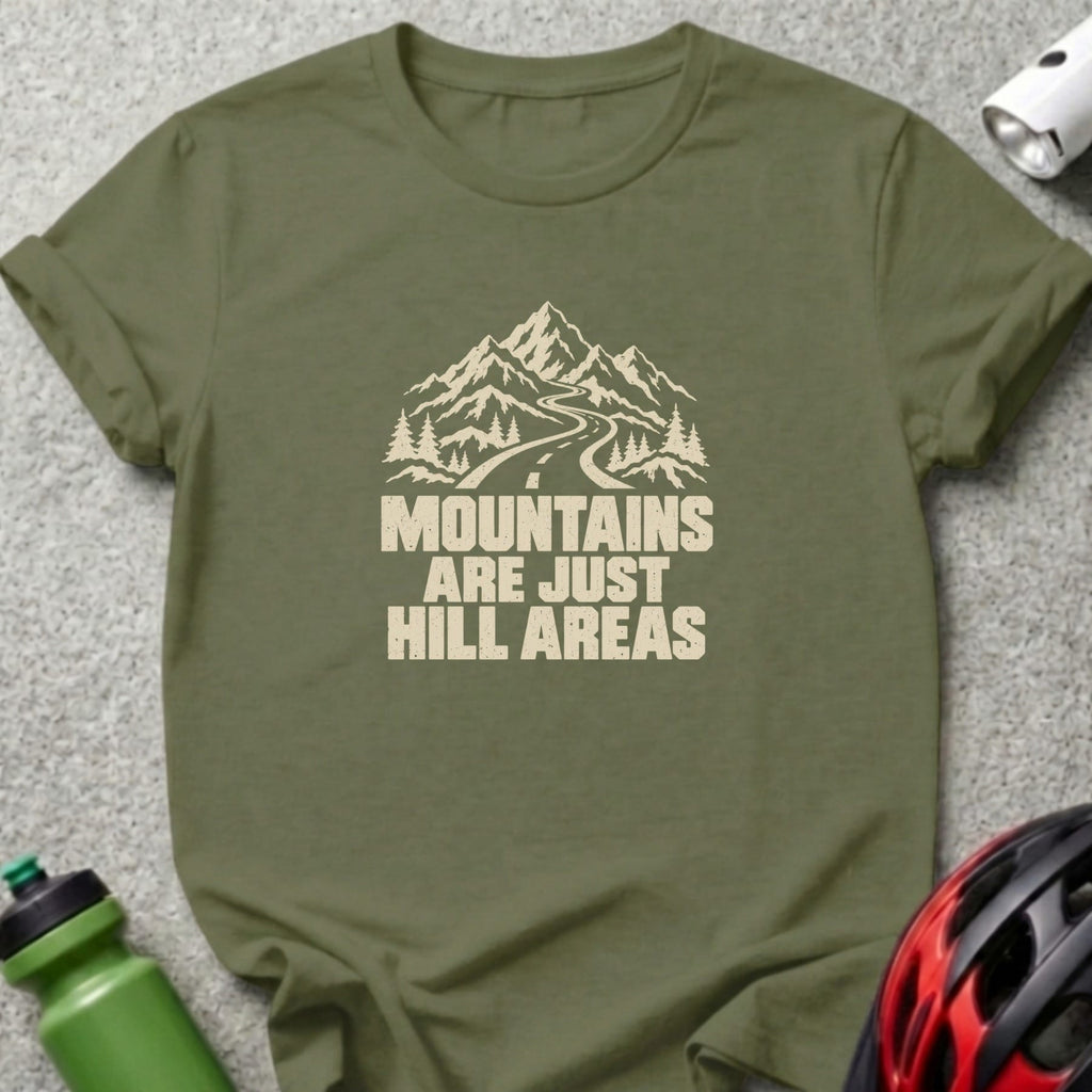 Olive green crewneck t-shirt featuring a white mountain graphic and the text Mountains Are Just Hill Areas.