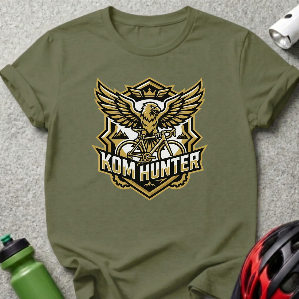 Green t-shirt with KOM HUNTER logo featuring a bicycle and eagle.