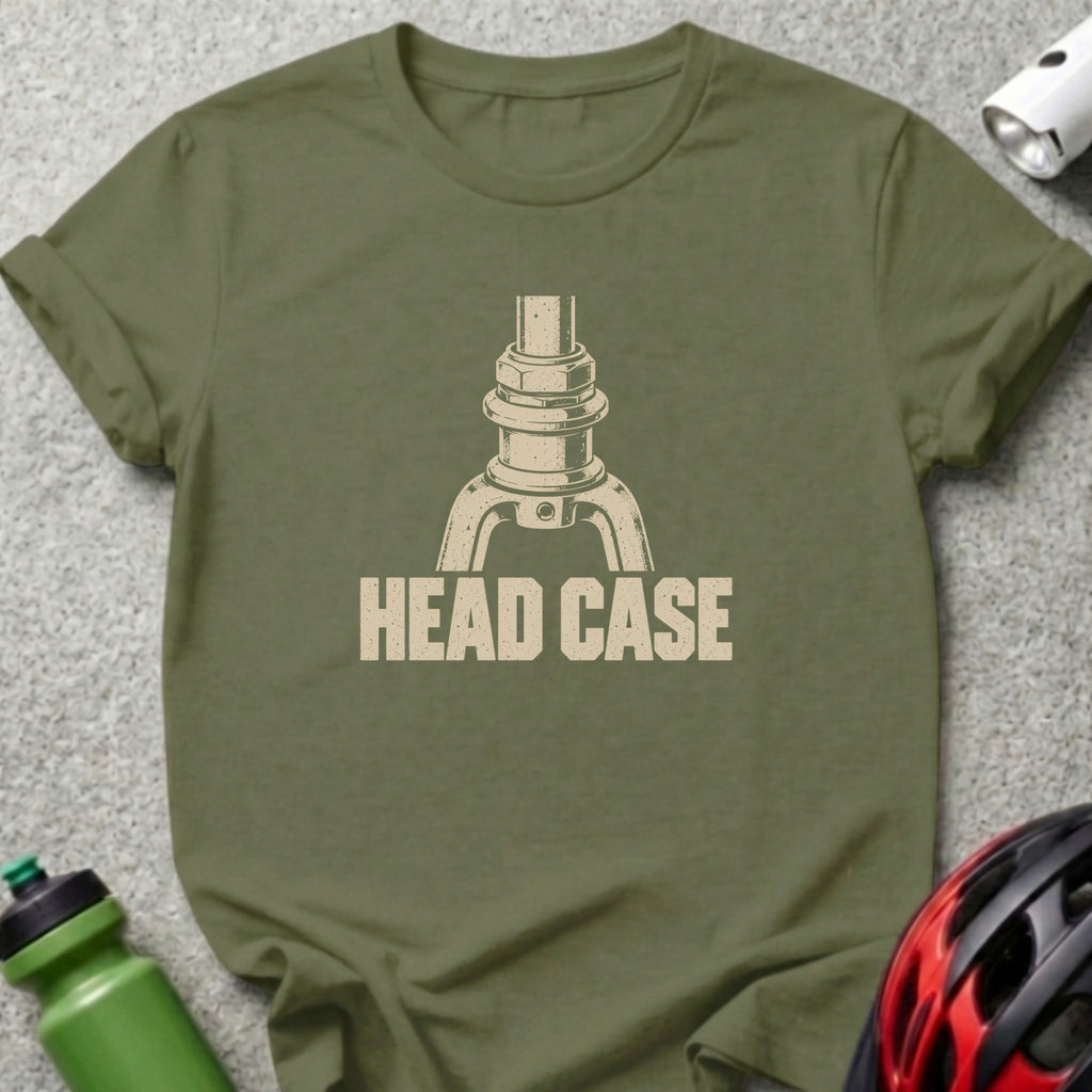 An olive green t-shirt featuring a beige graphic of a bicycle headset and the text HEAD CASE.