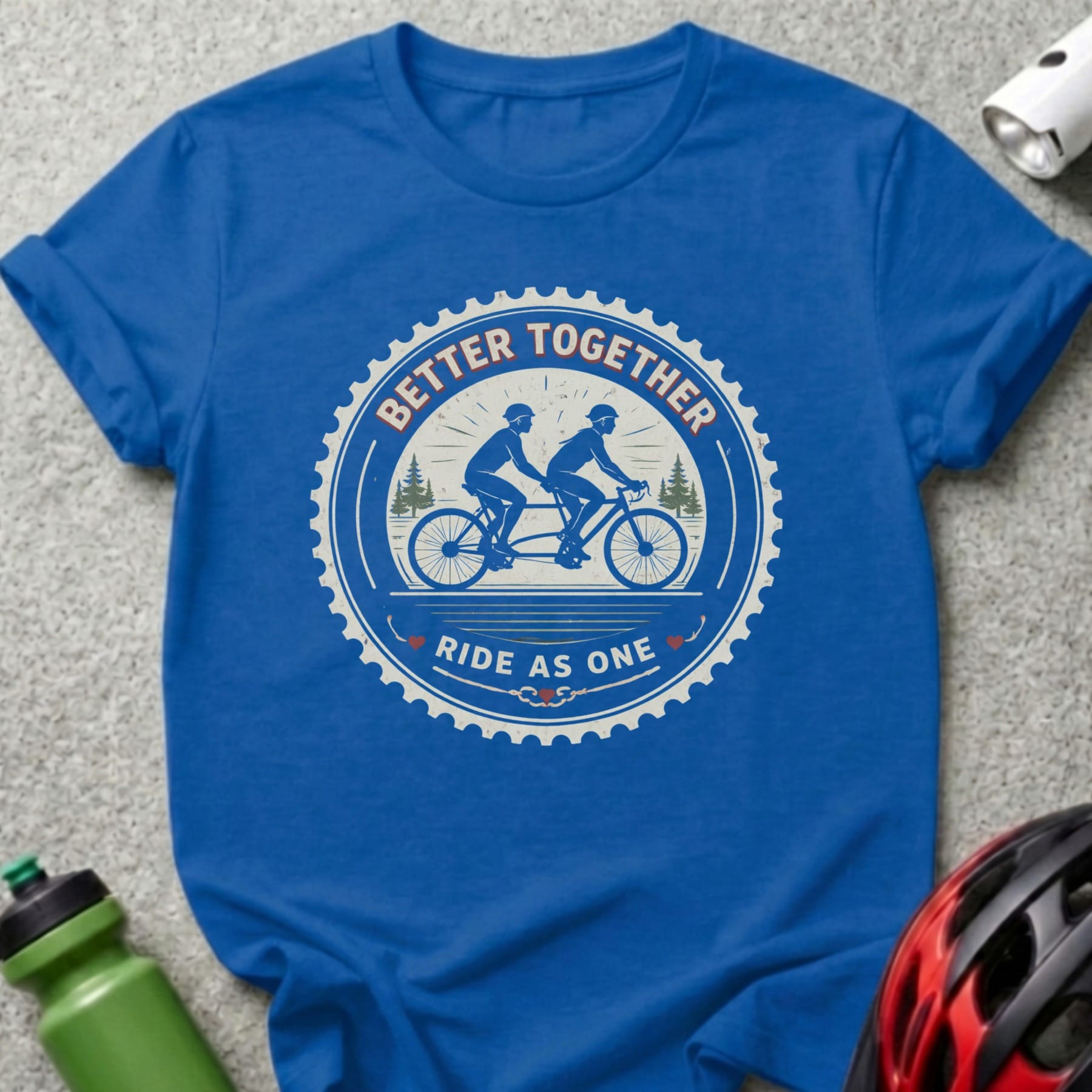Blue t-shirt with "Better Together Ride As One" tandem cyclist graphic.