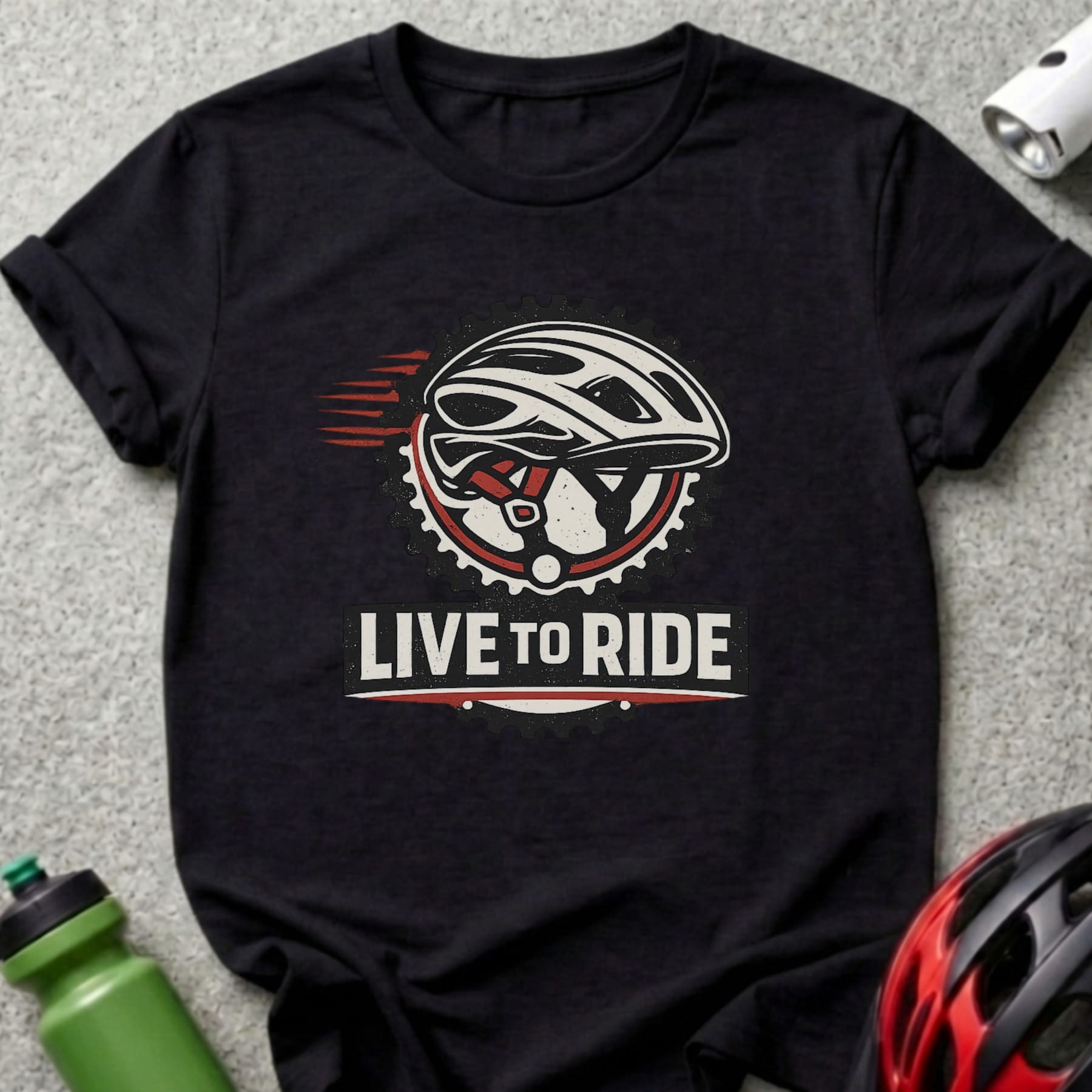 Black t-shirt with "Live to Ride" and bicycle helmet graphic.