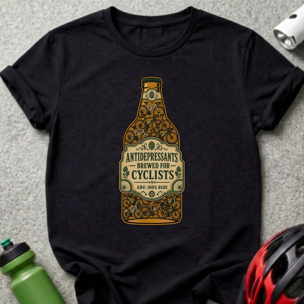 T-shirt with a bottle label featuring bicycles and the text "Antidepressants Brewed for Cyclists".