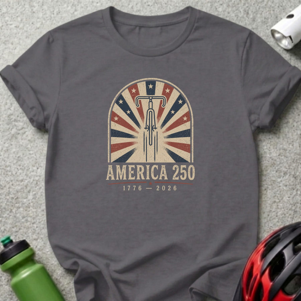 T-shirt with "America 250" and a bicycle wheel inside a sunburst design.