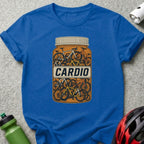 Blue t-shirt with a graphic of a pill bottle filled with bicycles and the text "CARDIO".
