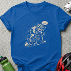 Cyclist on a bike with sweat drops, speech bubble.