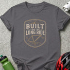 Grey t-shirt with "BUILT FOR THE LONG RIDE" design featuring a bicycle frame.