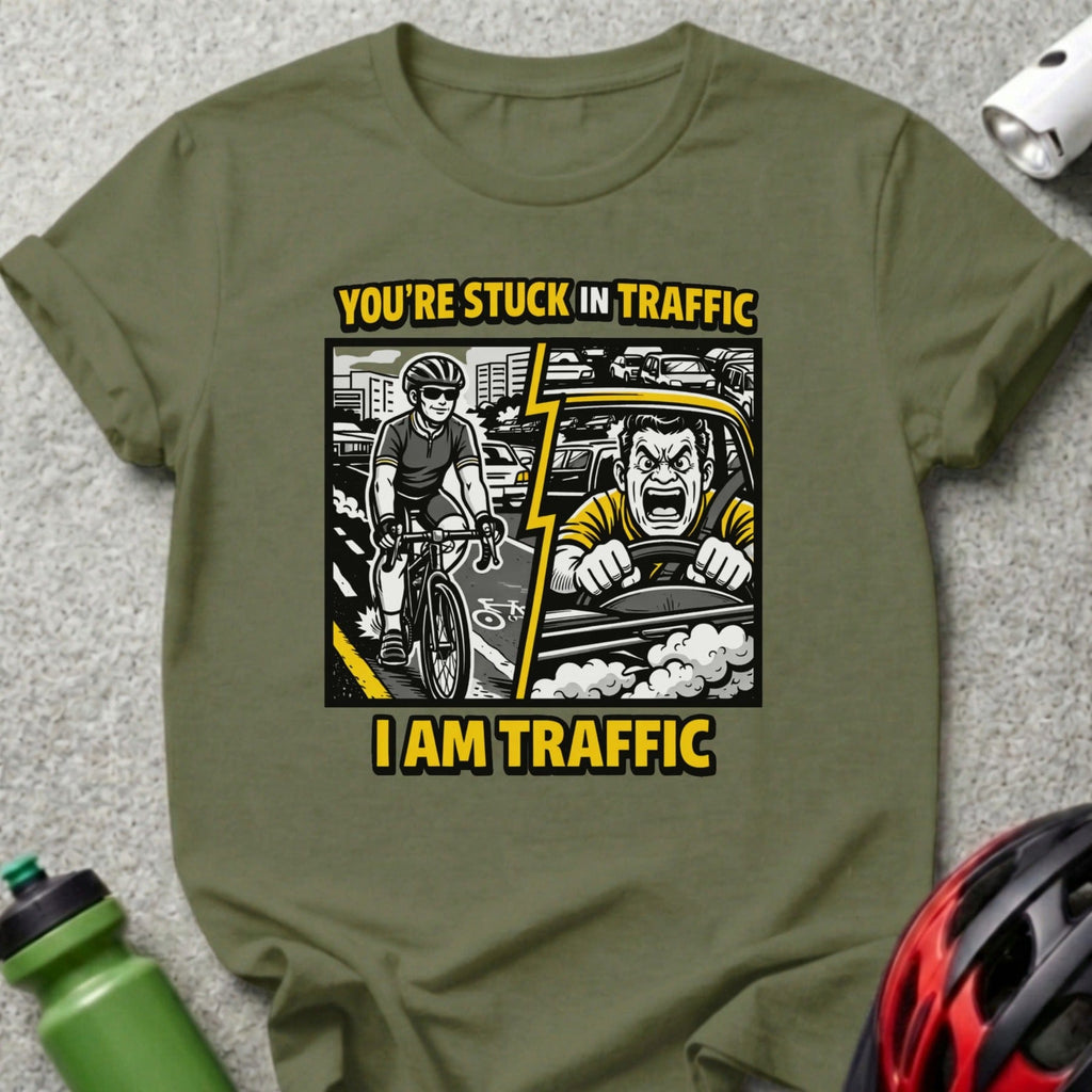 Cyclist in traffic jam, with text "YOU'RE IN TRAFFIC, I AM TRAFFIC."