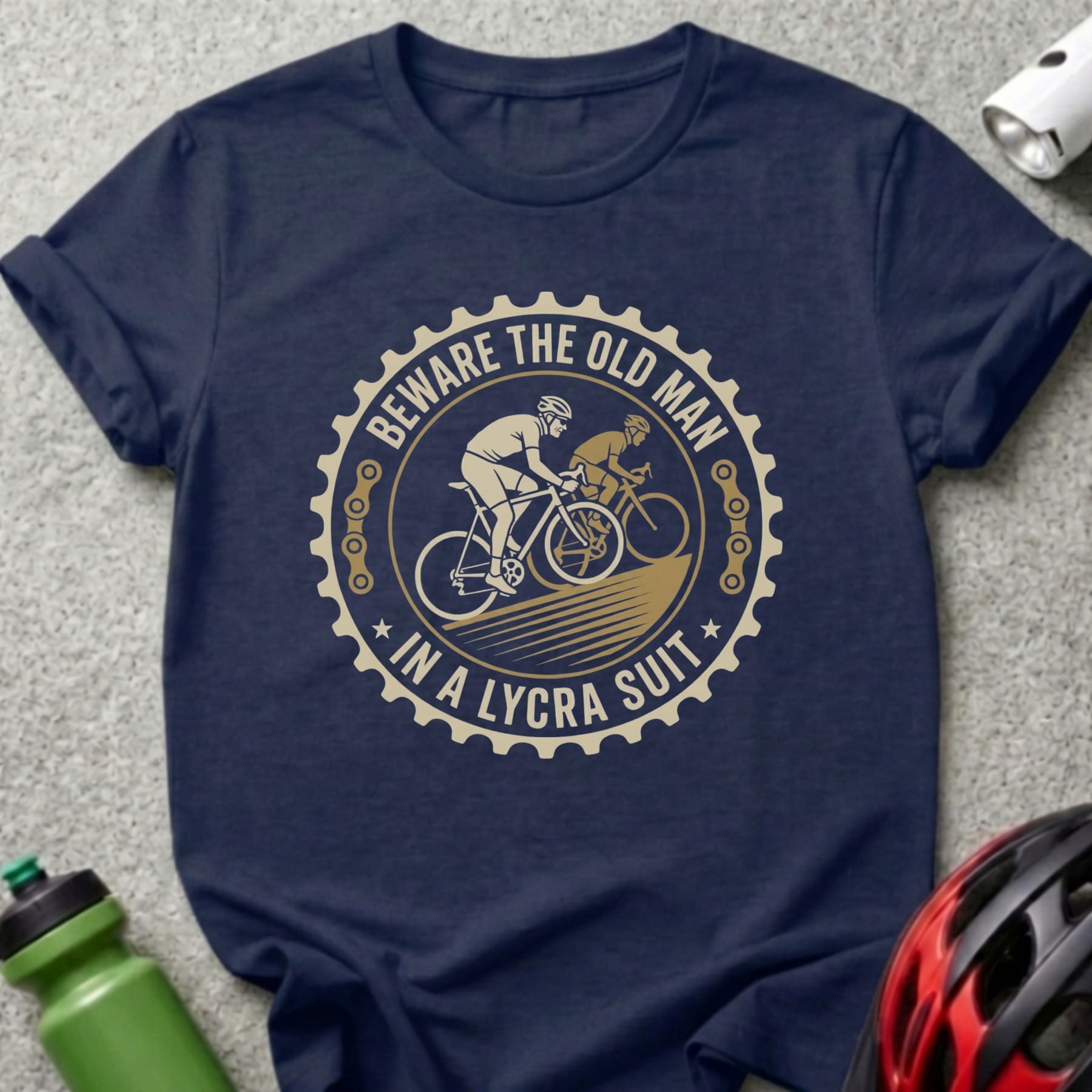 Navy t-shirt with cyclists and "Beware the old man in a lycra suit" text.