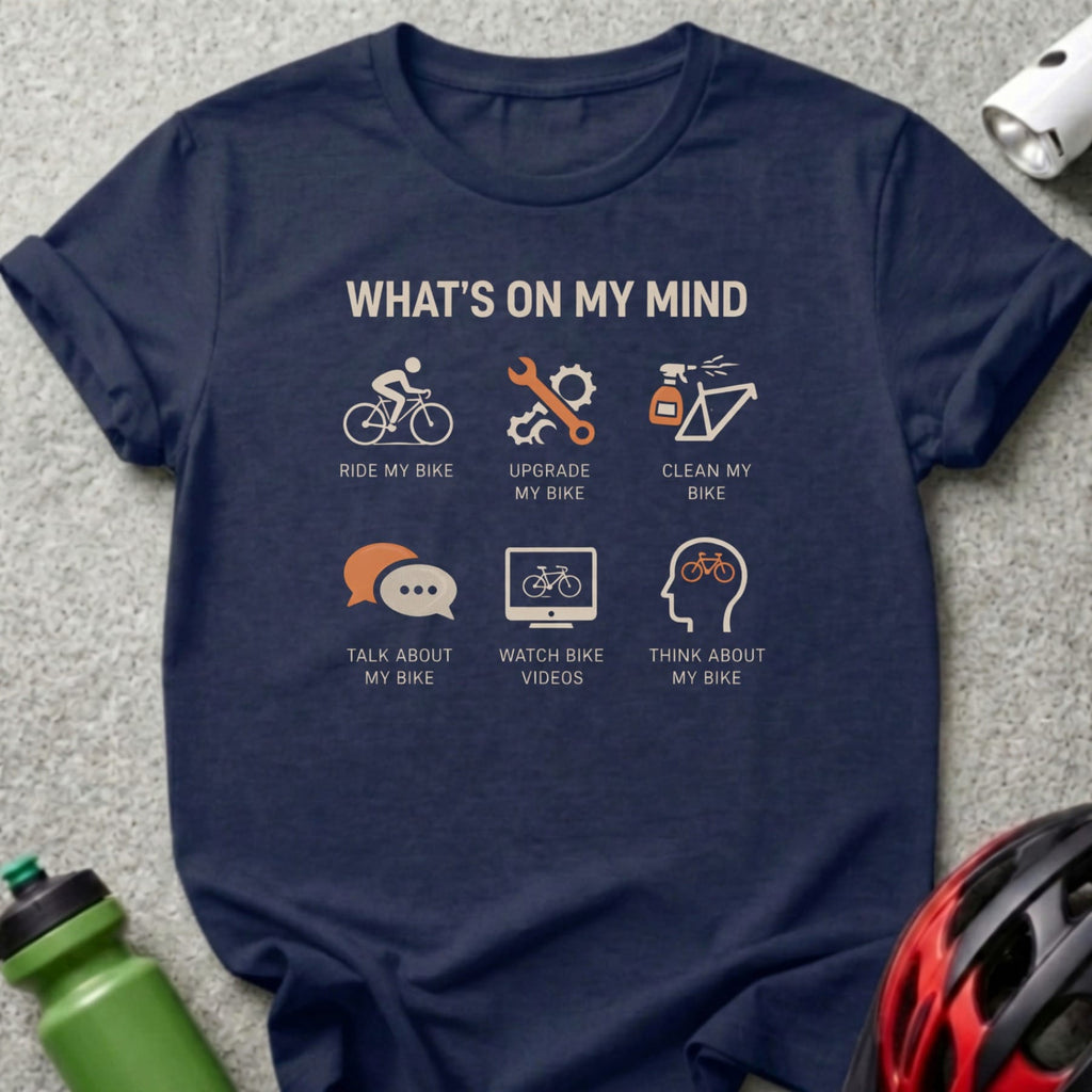 Navy t-shirt with "What's on My Mind" and six cycling-themed icons and text.