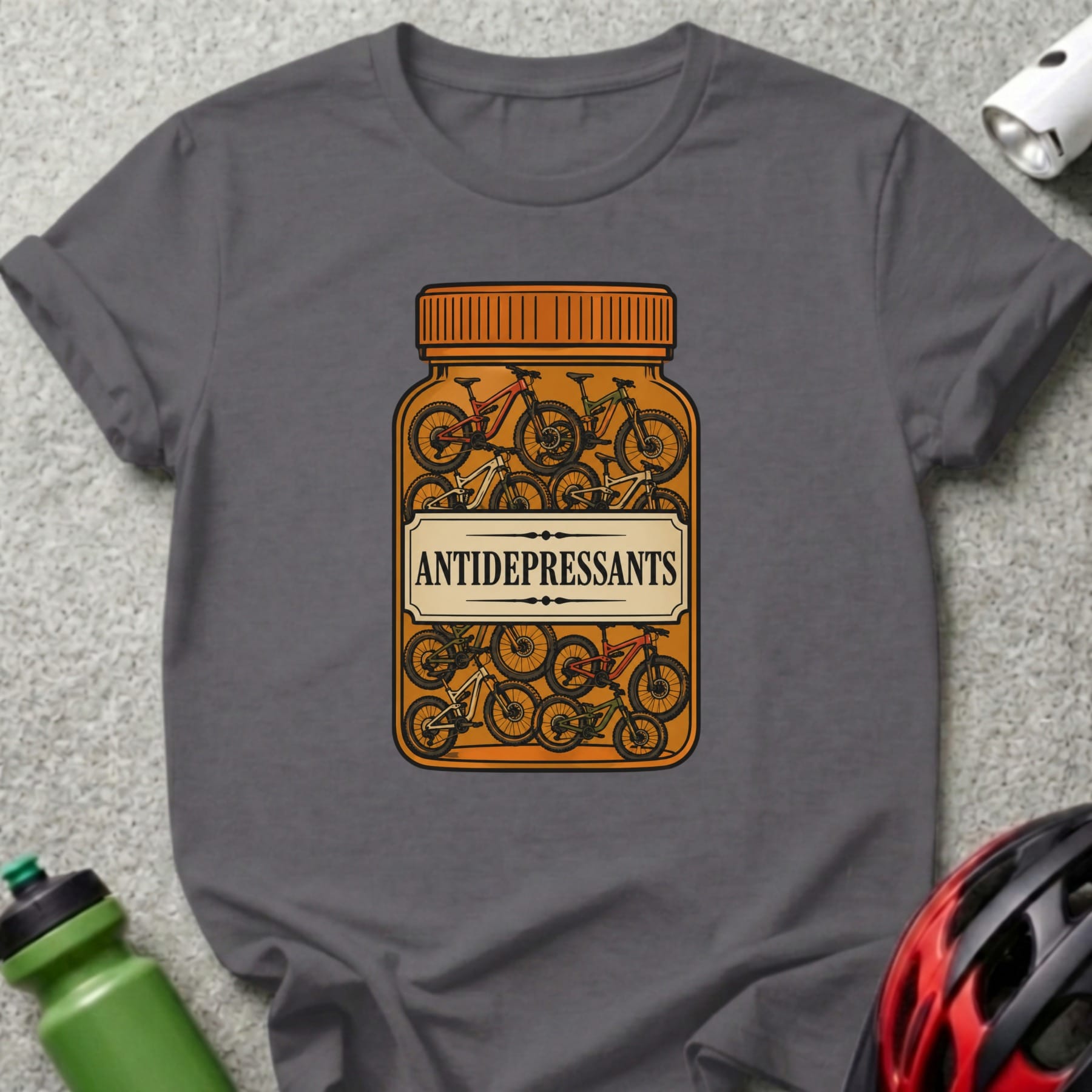 T-shirt featuring a prescription bottle filled with bicycles and the text "ANTIDEPRESSANTS".
