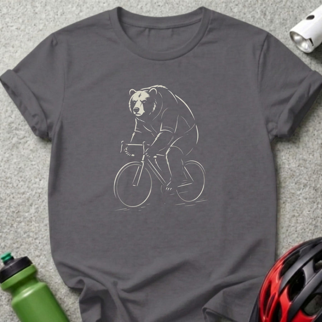 T-shirt graphic of a bear riding a bicycle.