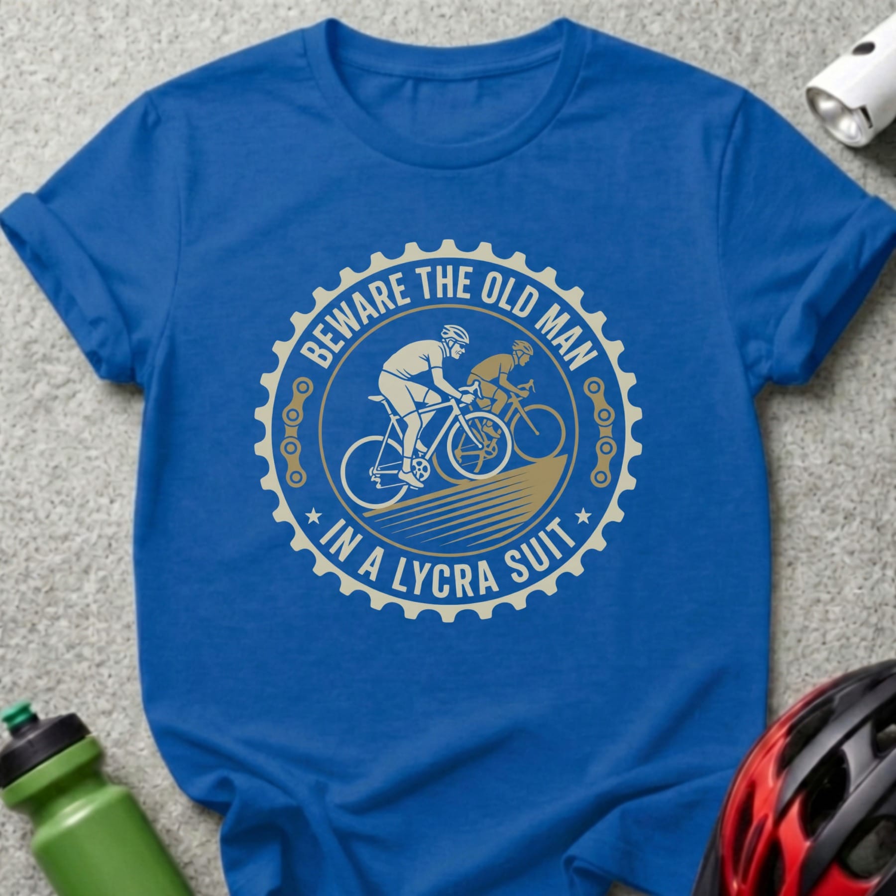 Blue t-shirt with "Beware the old man in a lycra suit" text and cycling graphic.