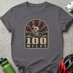 T-shirt with a vintage graphic of a cyclist and "100 MILES" text.