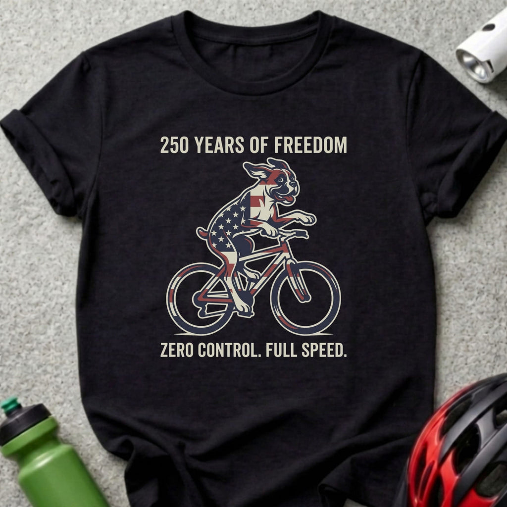 Black t-shirt with boxer dog on bicycle, American flag pattern, "250 Years of Freedom" text.
