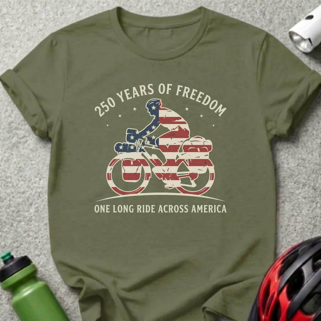 T-shirt with a bicycle and American flag graphic, "250 Years of Freedom" text.