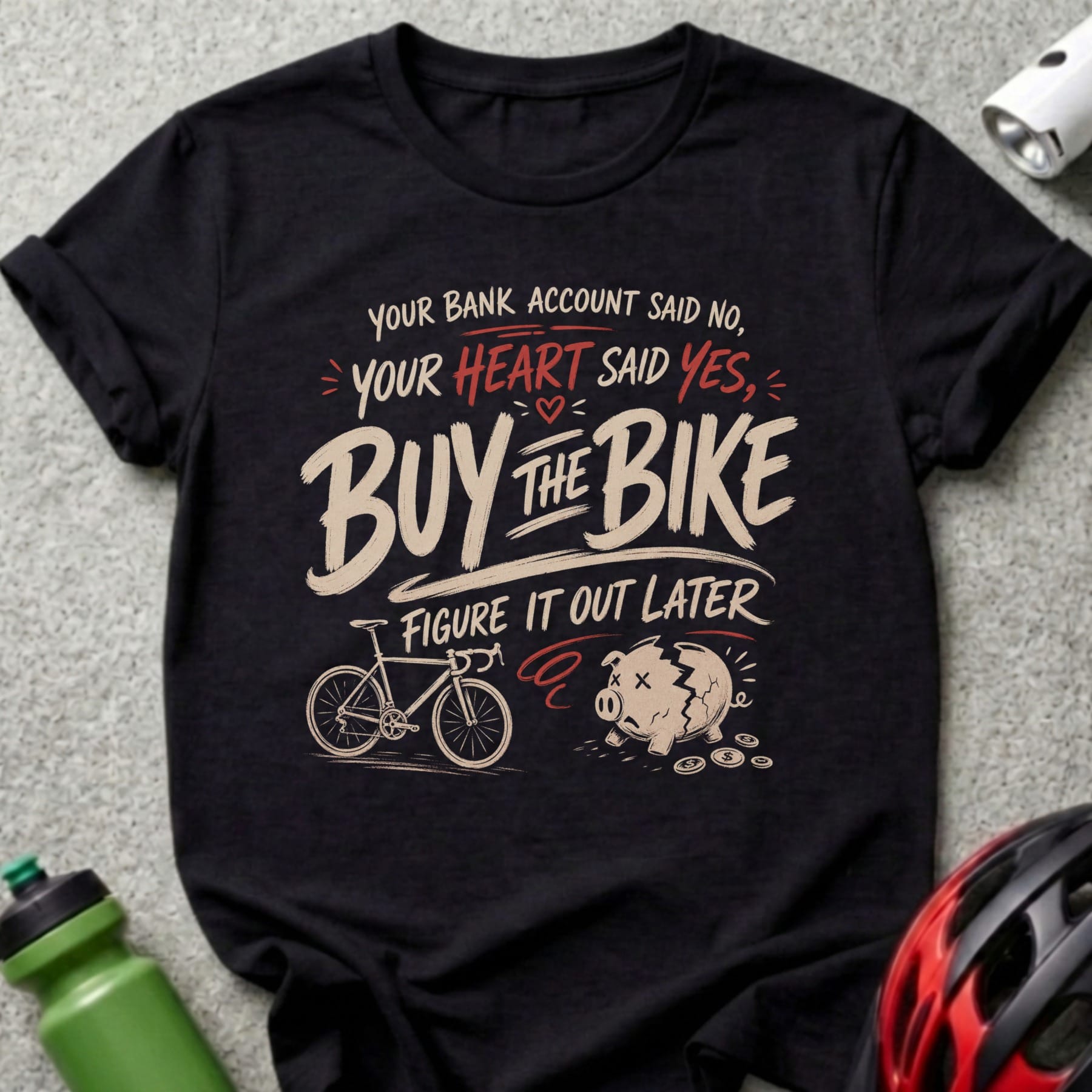 Black t-shirt with "Buy the Bike" design and piggy bank illustration.