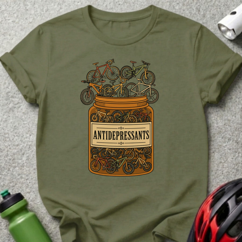 T-shirt with a bottle of bicycles labeled "ANTIDEPRESSANTS."