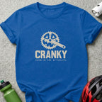 Blue t-shirt with a bicycle crank and "CRANKY EVEN IN THE AFTERLIFE" text.