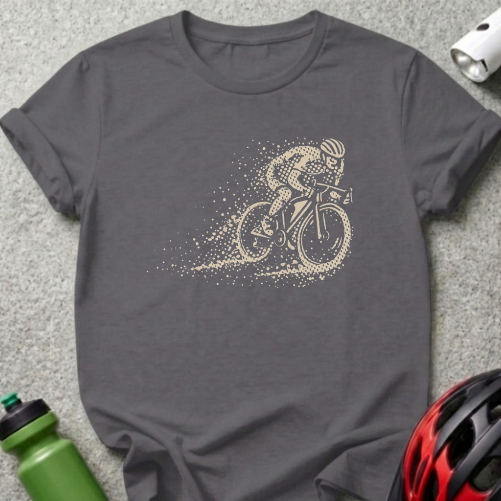 T-shirt with cyclist graphic and stylized motion blur.