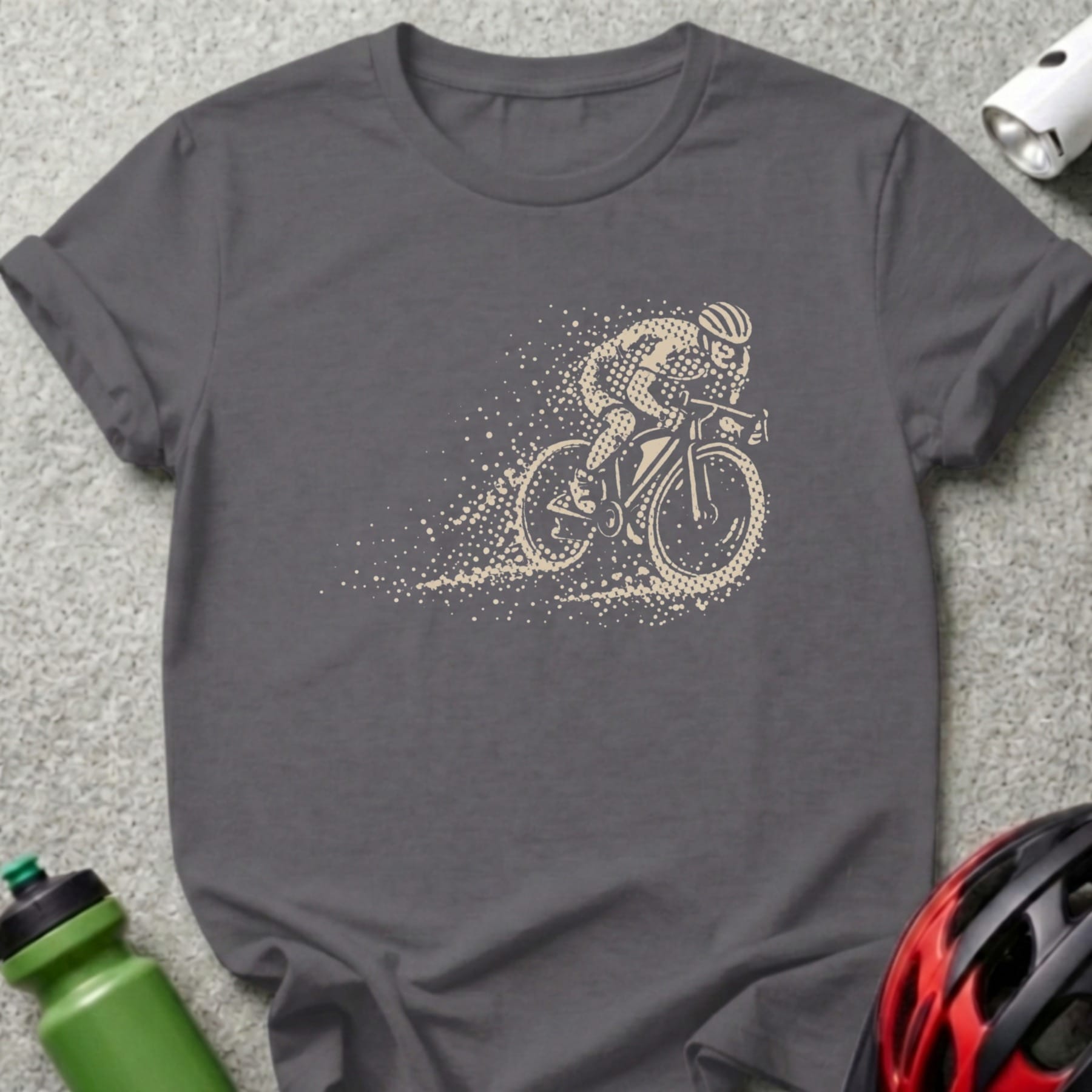 T-shirt with cyclist graphic and stylized motion blur.
